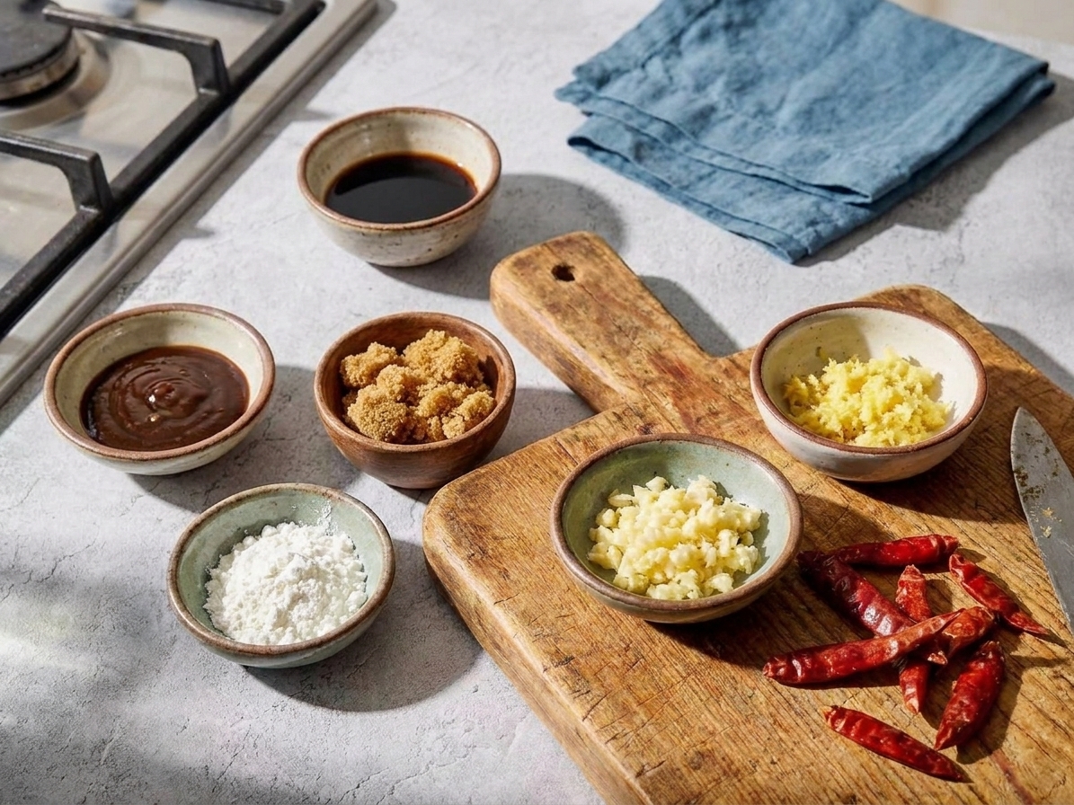 Small bowls of soy sauce, rice vinegar, brown sugar, hoisin, cornstarch, minced garlic, grated ginger, and dried red chiles arranged on a clean kitchen counter