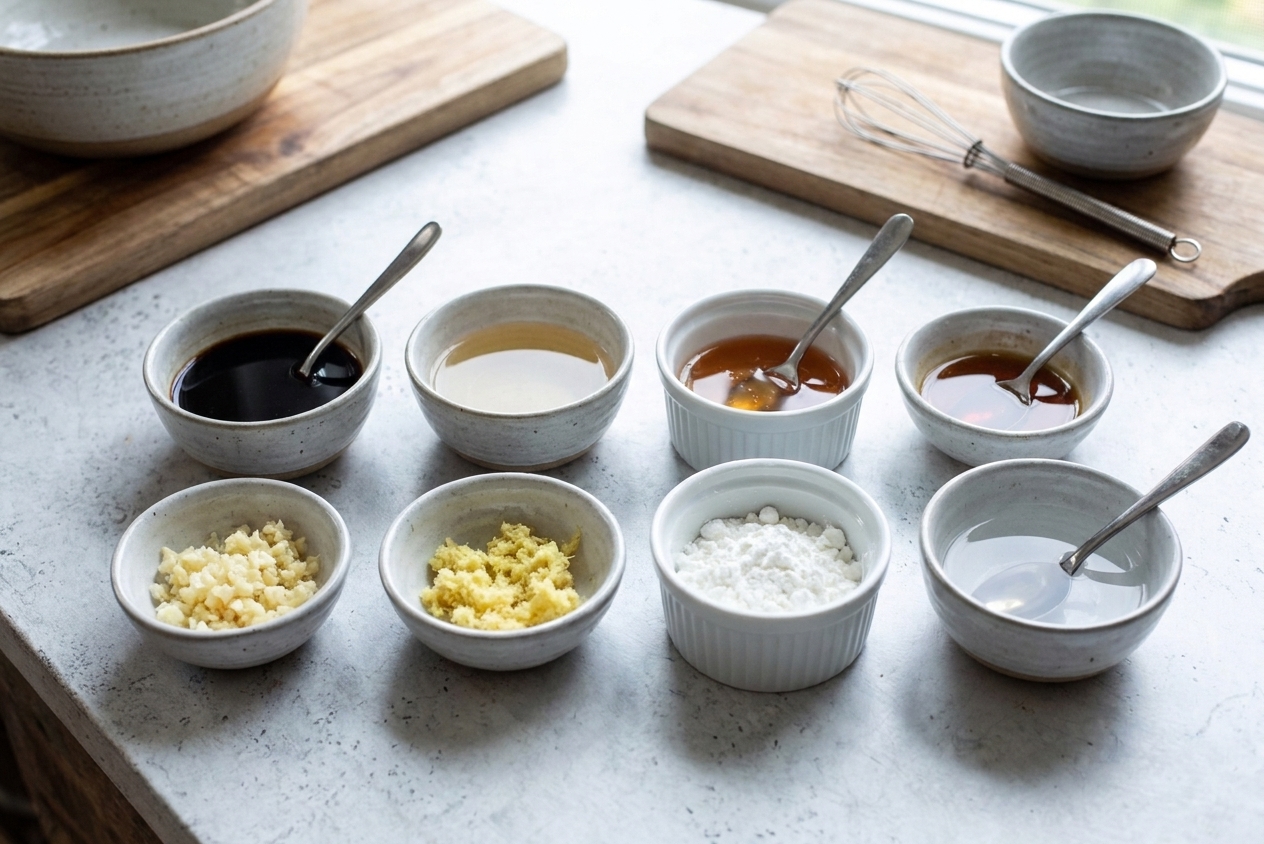 Small bowls of soy sauce, rice vinegar, honey, toasted sesame oil, minced garlic, grated ginger, cornstarch, and water arranged neatly on a kitchen counter