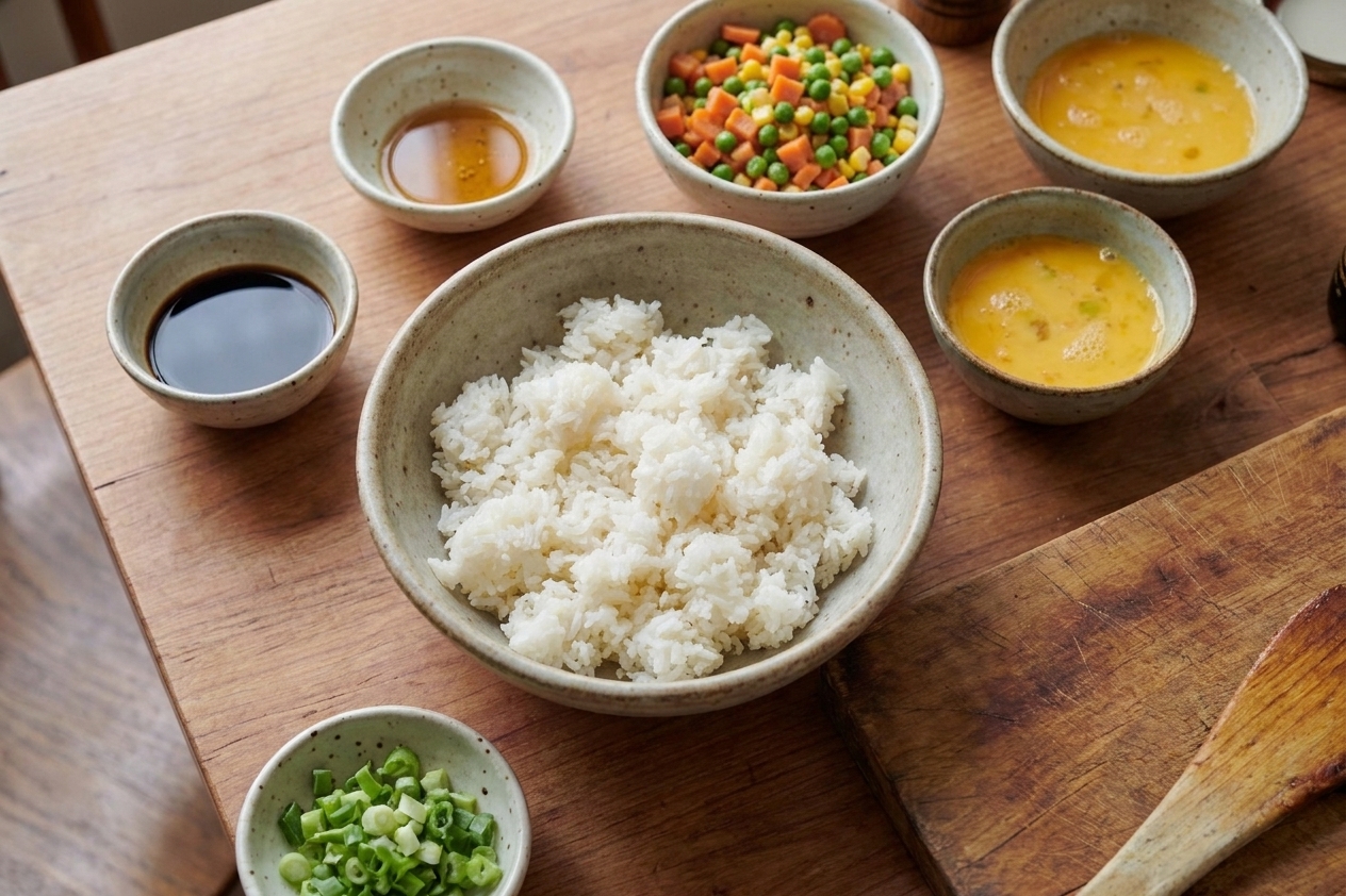 Small bowls of soy sauce, sesame oil, chopped vegetables, and beaten eggs arranged on a kitchen counter beside a bowl of cold rice