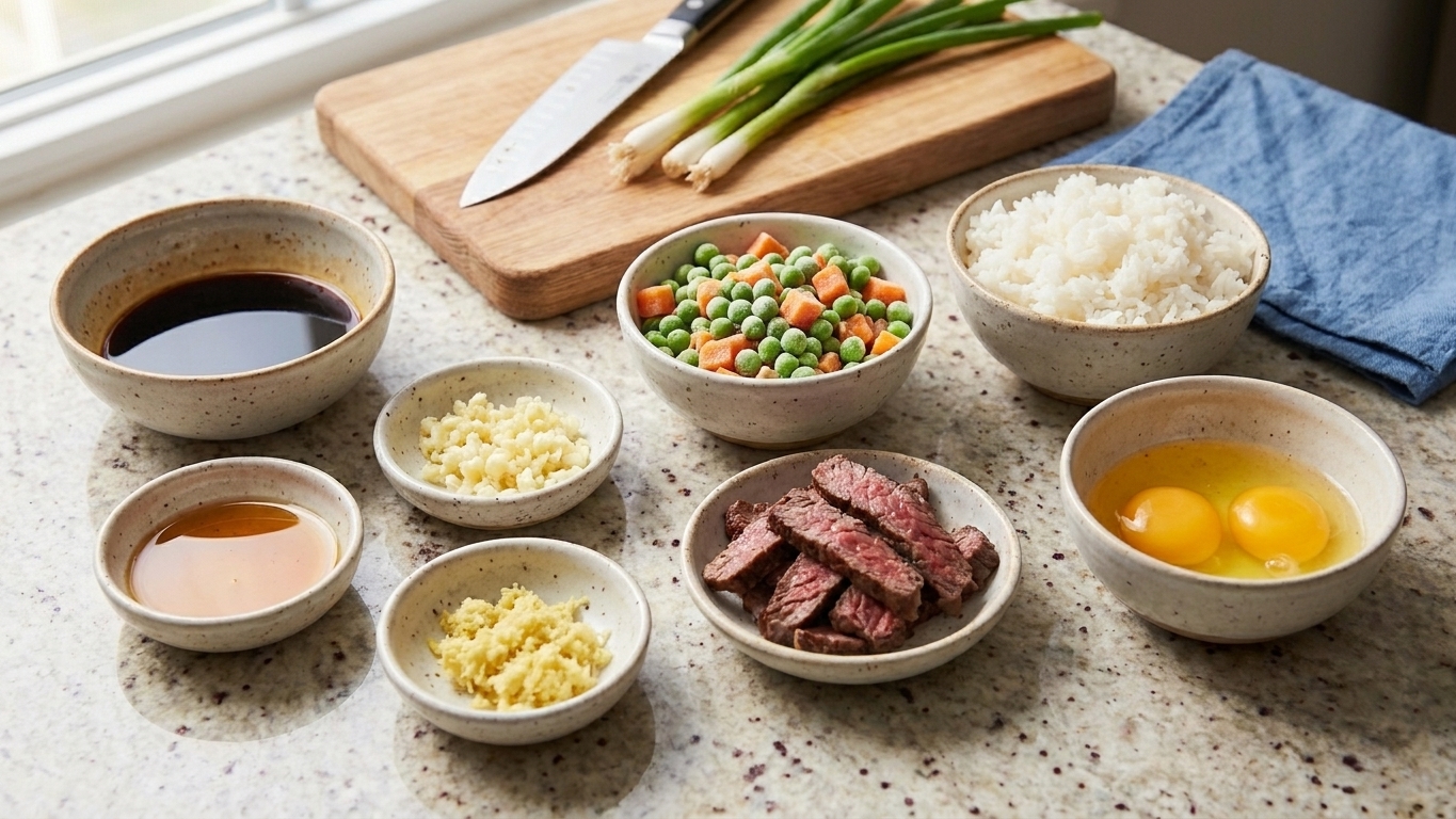 Small bowls of soy sauce, sesame oil, garlic, ginger, frozen peas and carrots, cooked rice, sliced leftover steak, and eggs