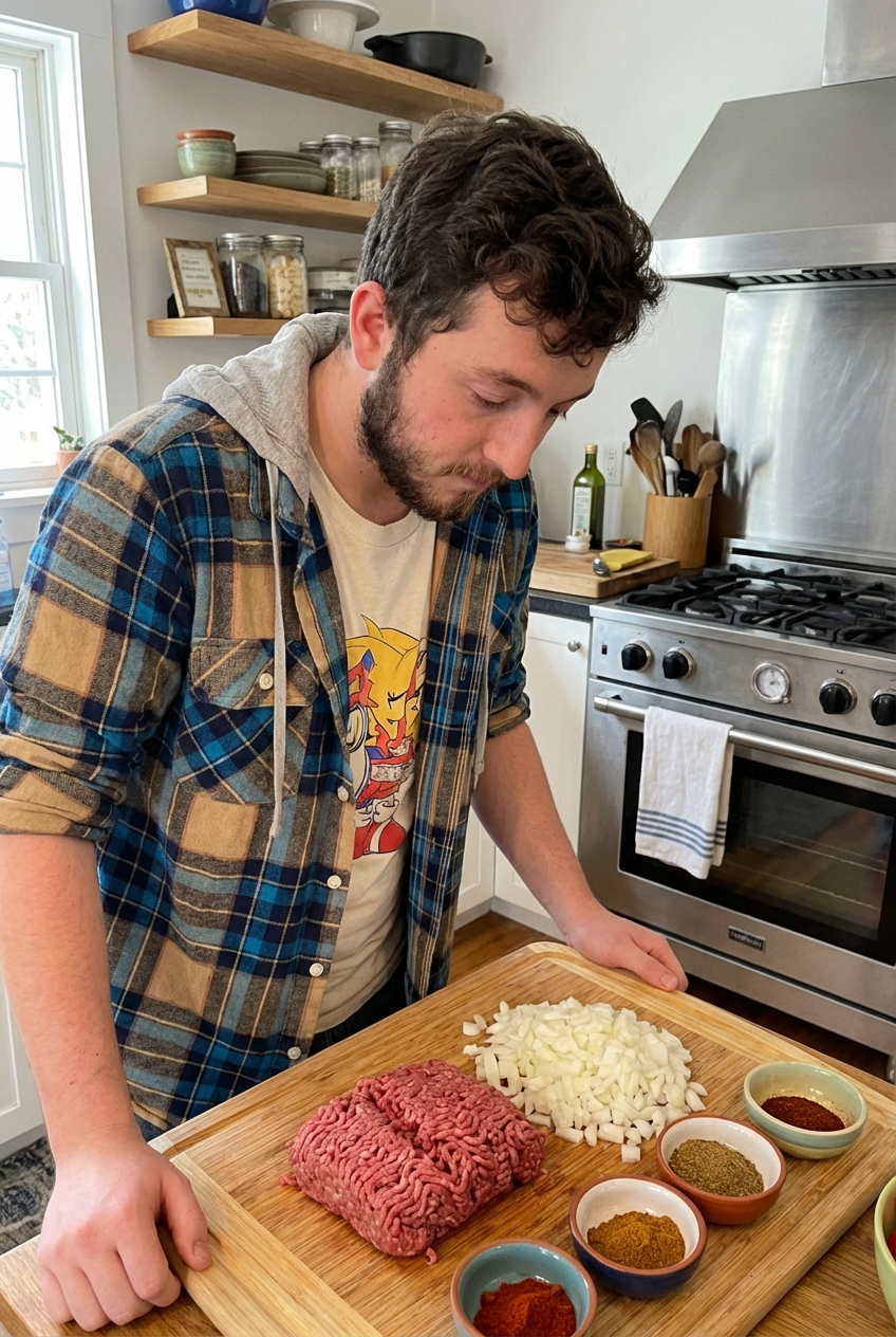 Small bowls of spices and chopped onion next to ground beef on a cutting board