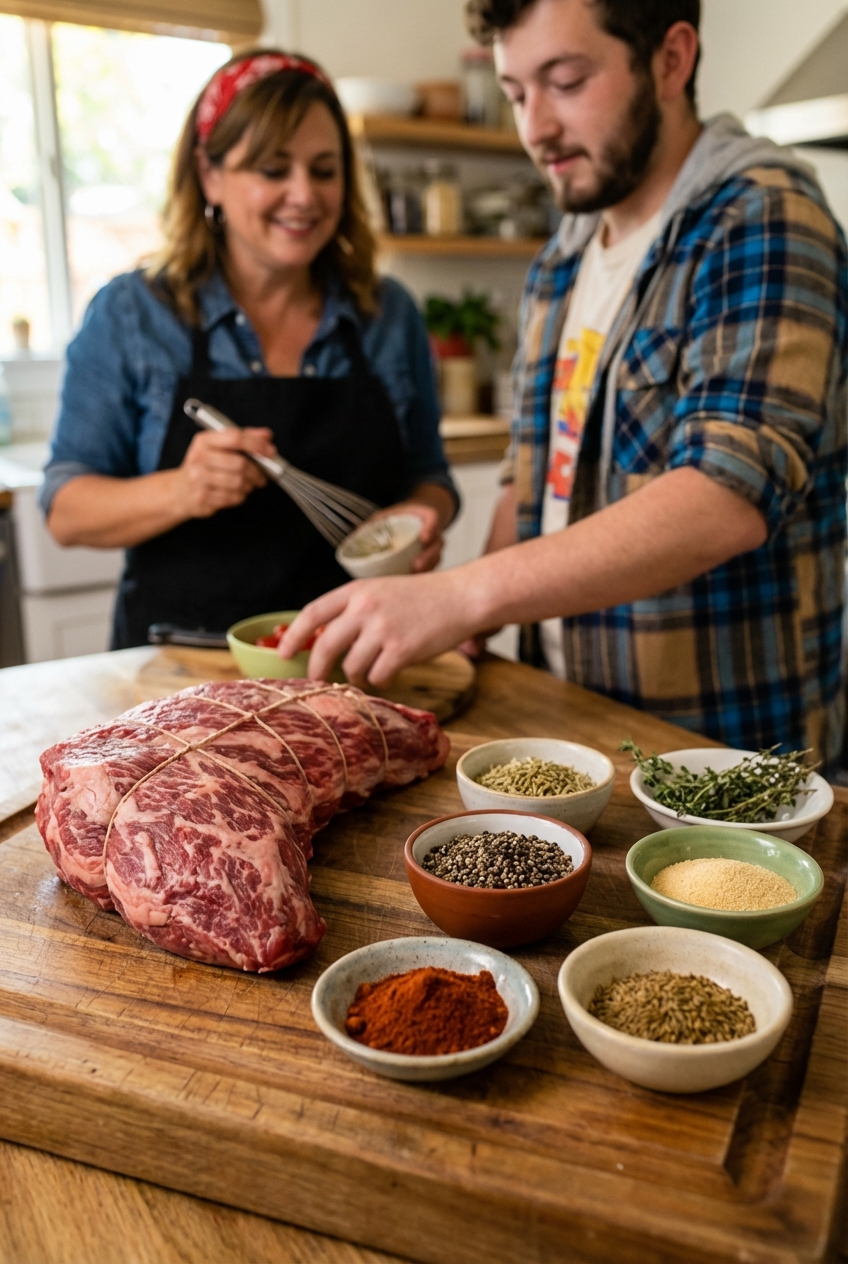 Small bowls of spices and dried herbs arranged next to a tri-tip roast