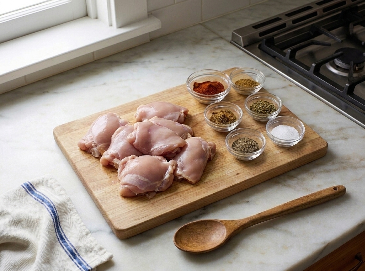Small bowls of spices next to raw boneless chicken thighs on a cutting board on a kitchen counter
