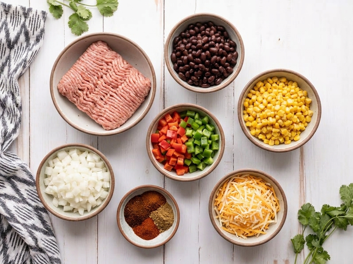 Small bowls of taco skillet ingredients including ground turkey, canned black beans, corn, diced onion, bell pepper, spices, and shredded cheese arranged on a bright kitchen counter