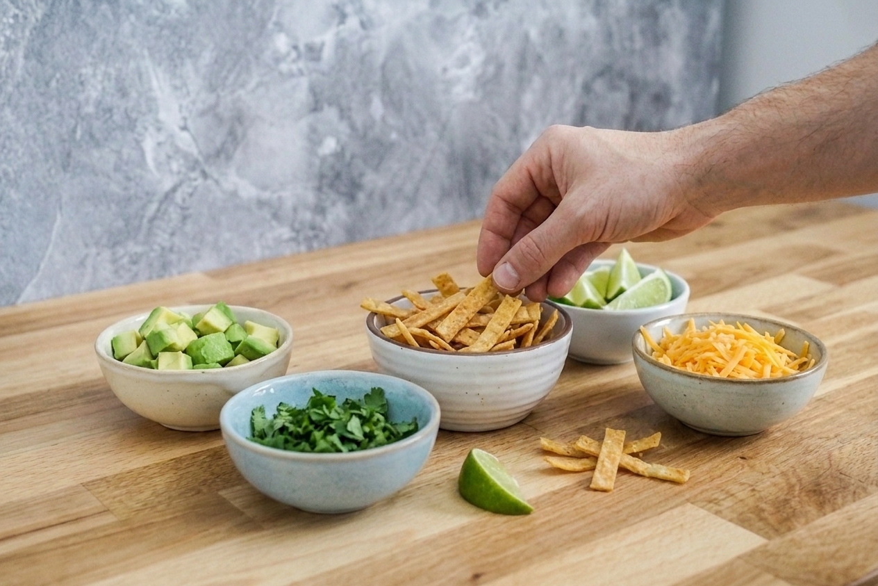 Small bowls of toppings like tortilla strips, diced avocado, chopped cilantro, lime wedges, and shredded cheese set out on a kitchen counter