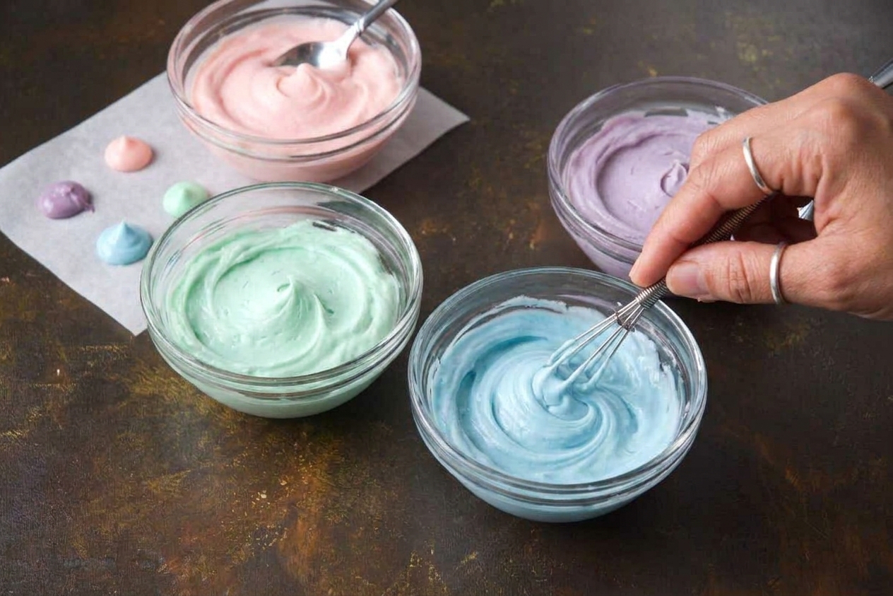 Small bowls of vanilla frosting tinted with gel food coloring in pastel shades on a kitchen counter