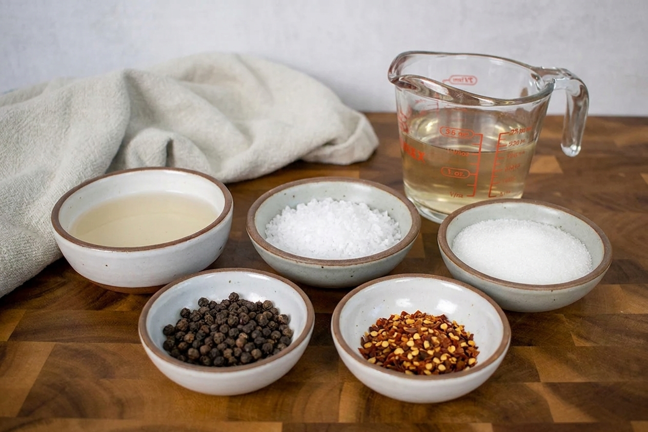 Small bowls of vinegar, salt, sugar, peppercorns, and red pepper flakes arranged on a kitchen counter beside a measuring cup