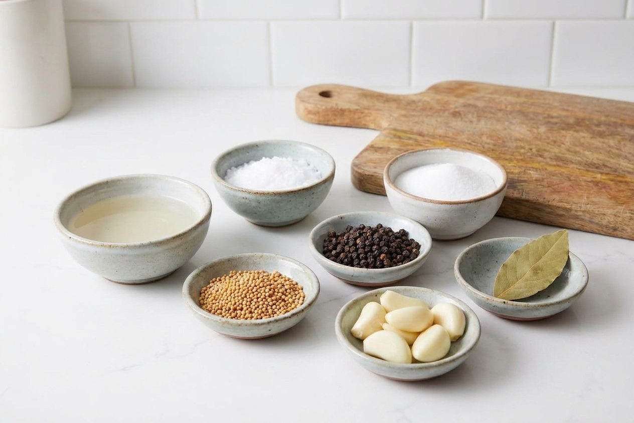 Small bowls of vinegar, salt, sugar, peppercorns, mustard seeds, garlic cloves, and a bay leaf arranged on a kitchen counter
