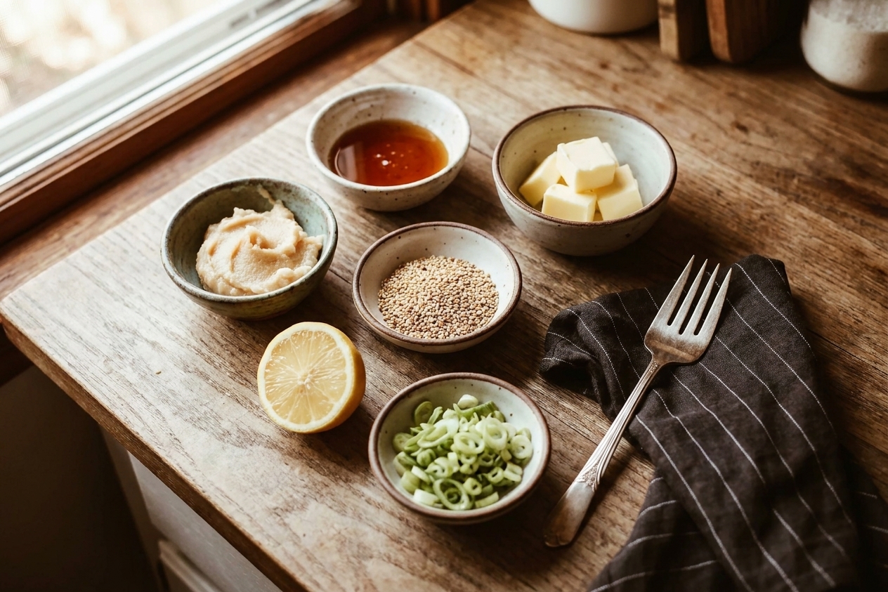 Small bowls of white miso, maple syrup, butter, sesame seeds, sliced scallions, and a halved lemon arranged on a kitchen counter