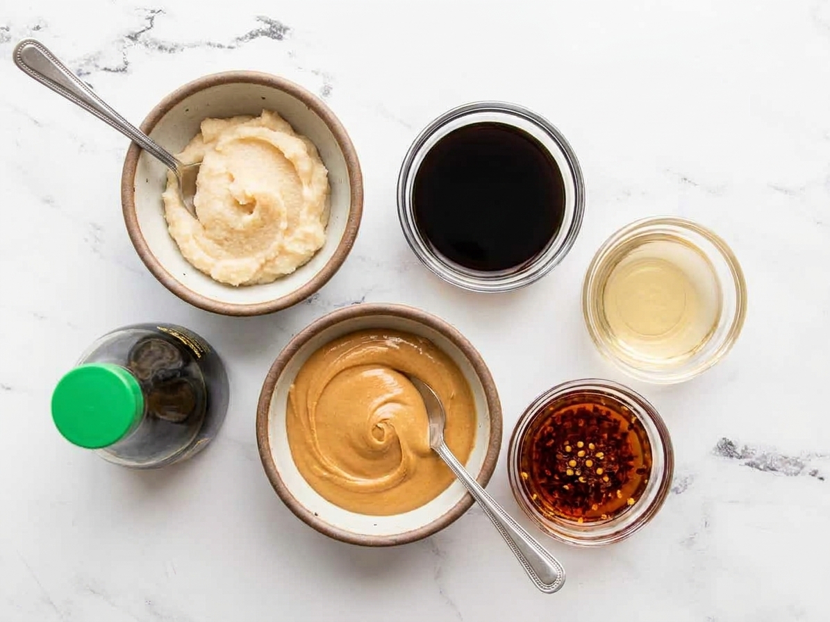 Small bowls of white miso paste and peanut butter beside soy sauce, rice vinegar, and chili oil on a kitchen counter