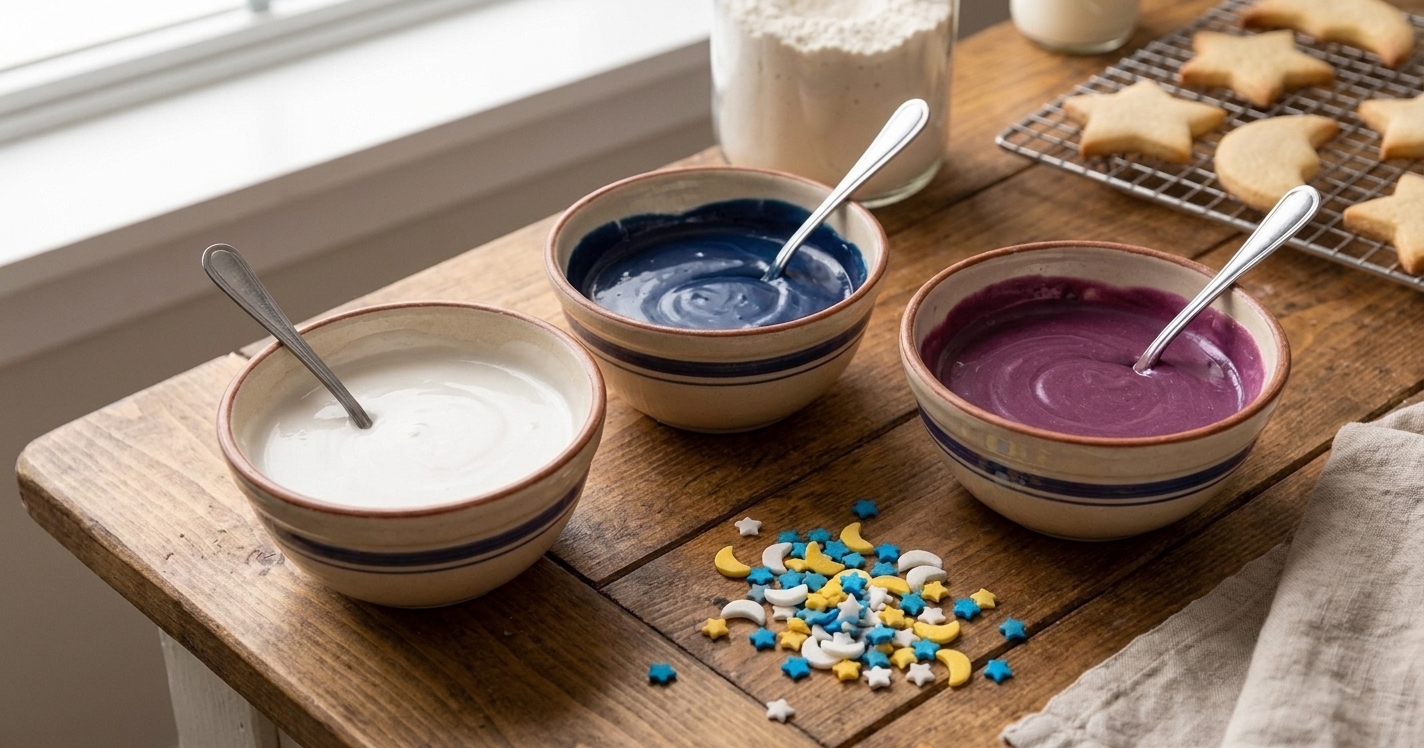 Small bowls of white, navy, and purple icing with spoons on a kitchen counter next to sprinkles