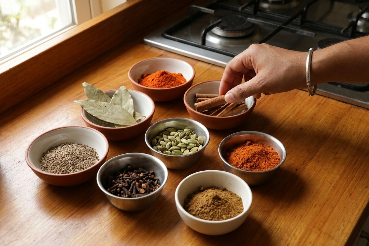 Small bowls of whole spices and ground spices for biryani including cumin, bay leaf, cardamom, cloves, cinnamon, chili powder, and garam masala on a kitchen counter