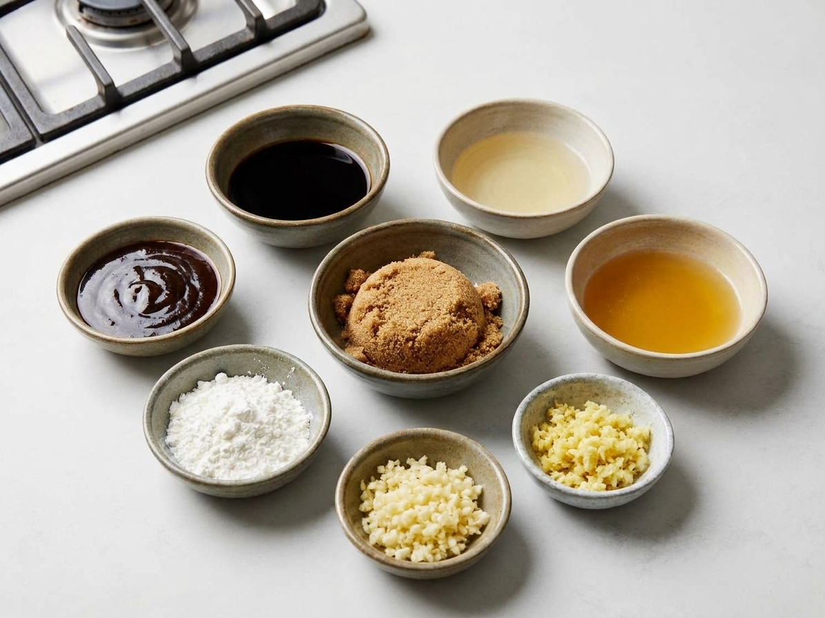 Small bowls on a counter holding soy sauce, rice vinegar, hoisin, brown sugar, chicken broth, cornstarch, minced garlic, and minced ginger