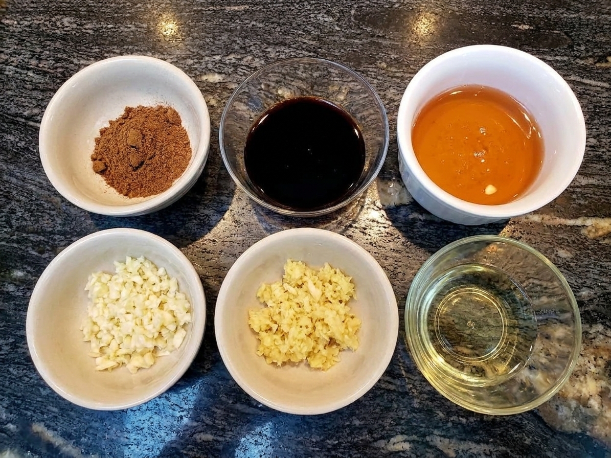 Small bowls on a kitchen counter holding Chinese five spice powder, soy sauce, honey, garlic, ginger, and rice vinegar, ready for cooking