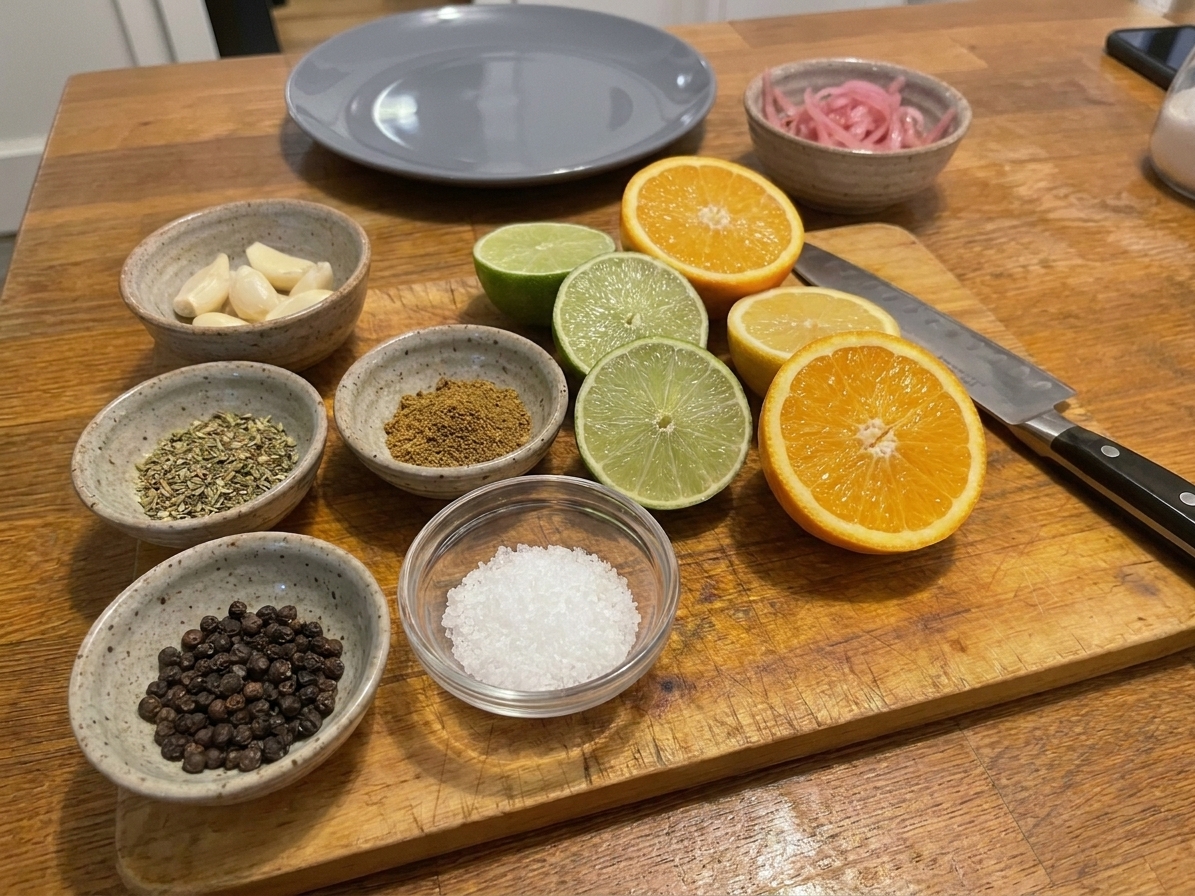 Small bowls on a kitchen counter holding peeled garlic cloves, dried oregano, cumin, salt, black pepper, and cut limes and oranges
