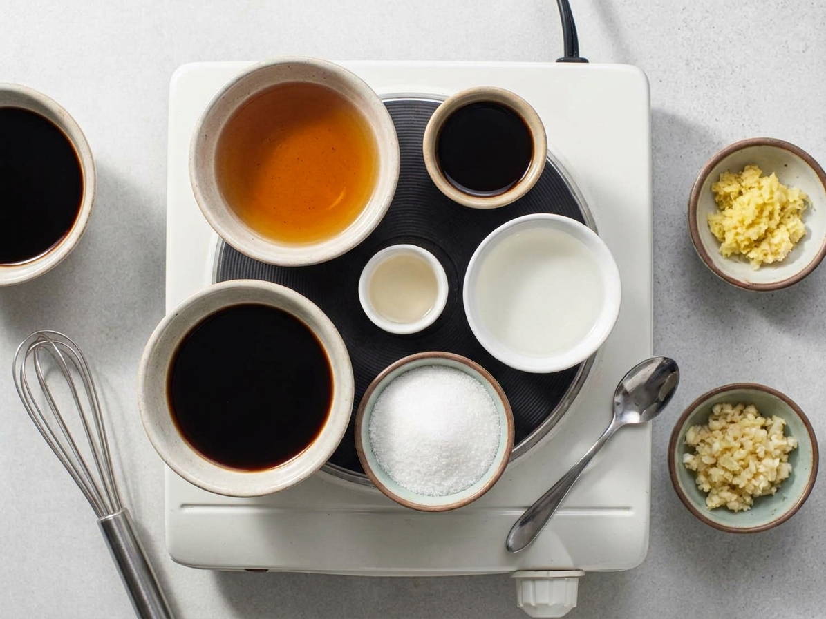 Small bowls on a kitchen counter holding soy sauce, mirin, sake, sugar, grated ginger, and grated garlic for making shoyu tare