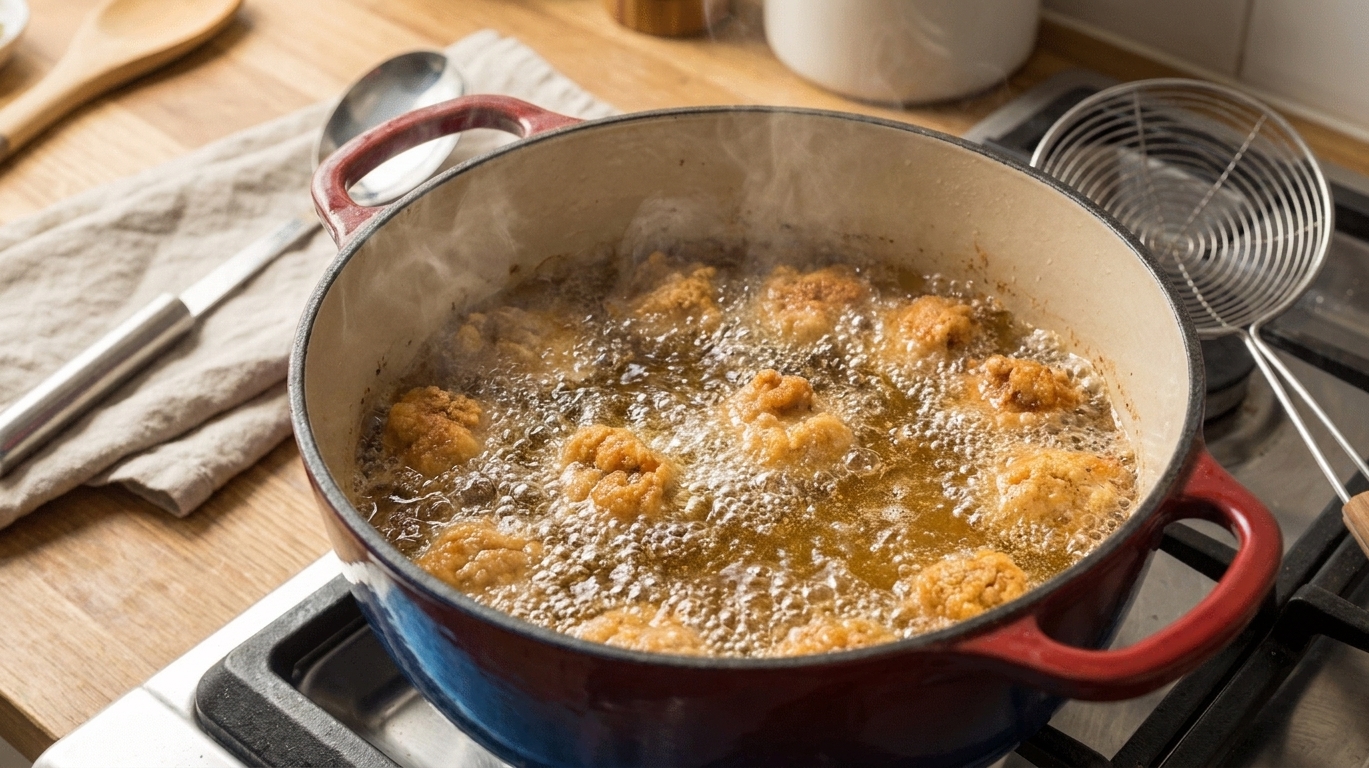 Small breaded chicken pieces bubbling in hot oil inside a Dutch oven on a stovetop