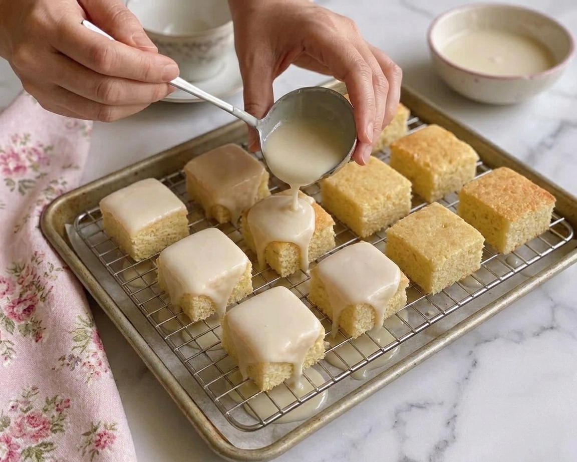 Small cake squares being coated with vanilla glaze on a wire rack set over a baking sheet in a home kitchen