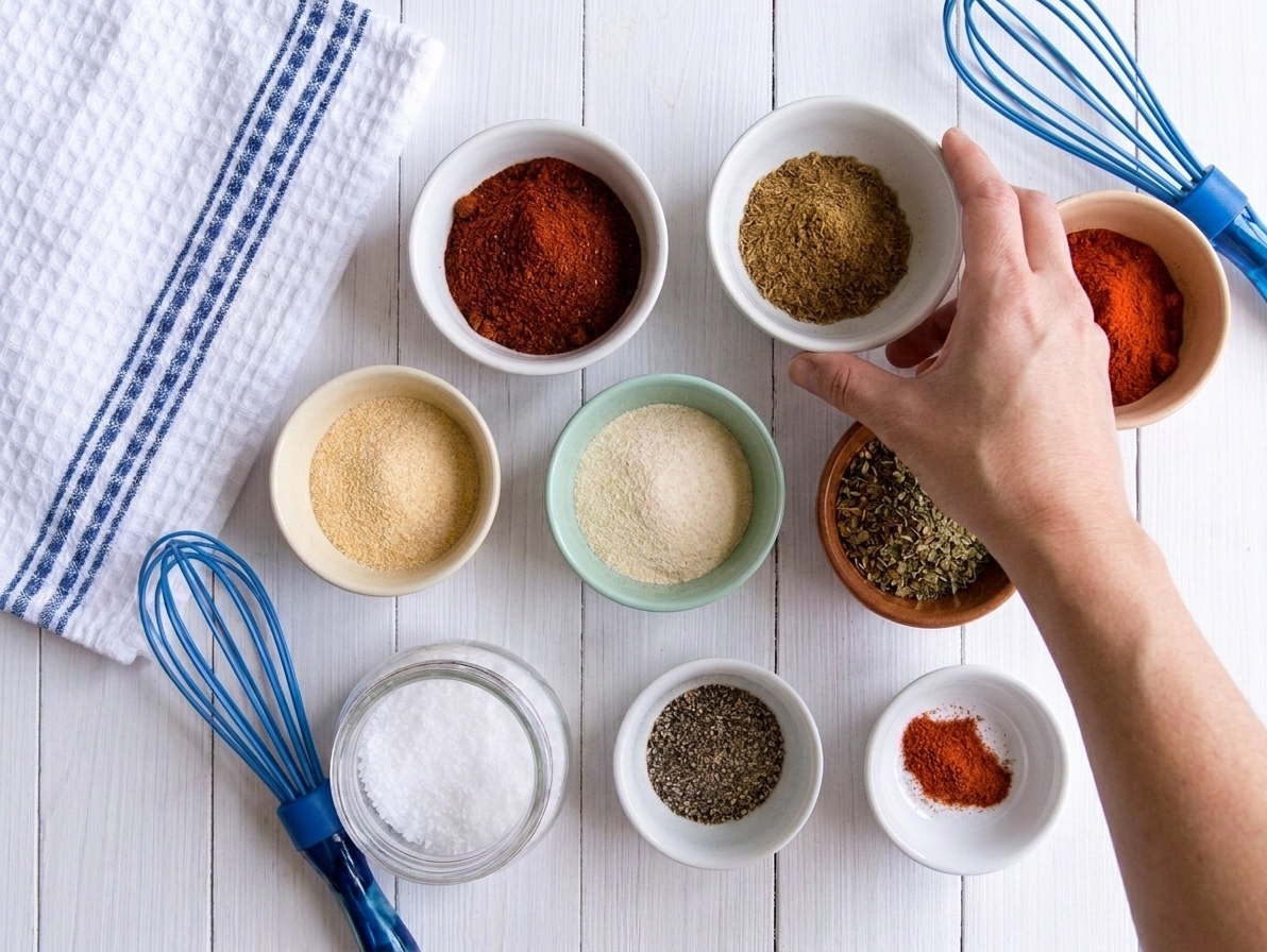 Small ceramic bowls filled with chili powder, ground cumin, paprika, garlic powder, onion powder, dried oregano, salt, black pepper, and cayenne arranged on a neutral kitchen counter