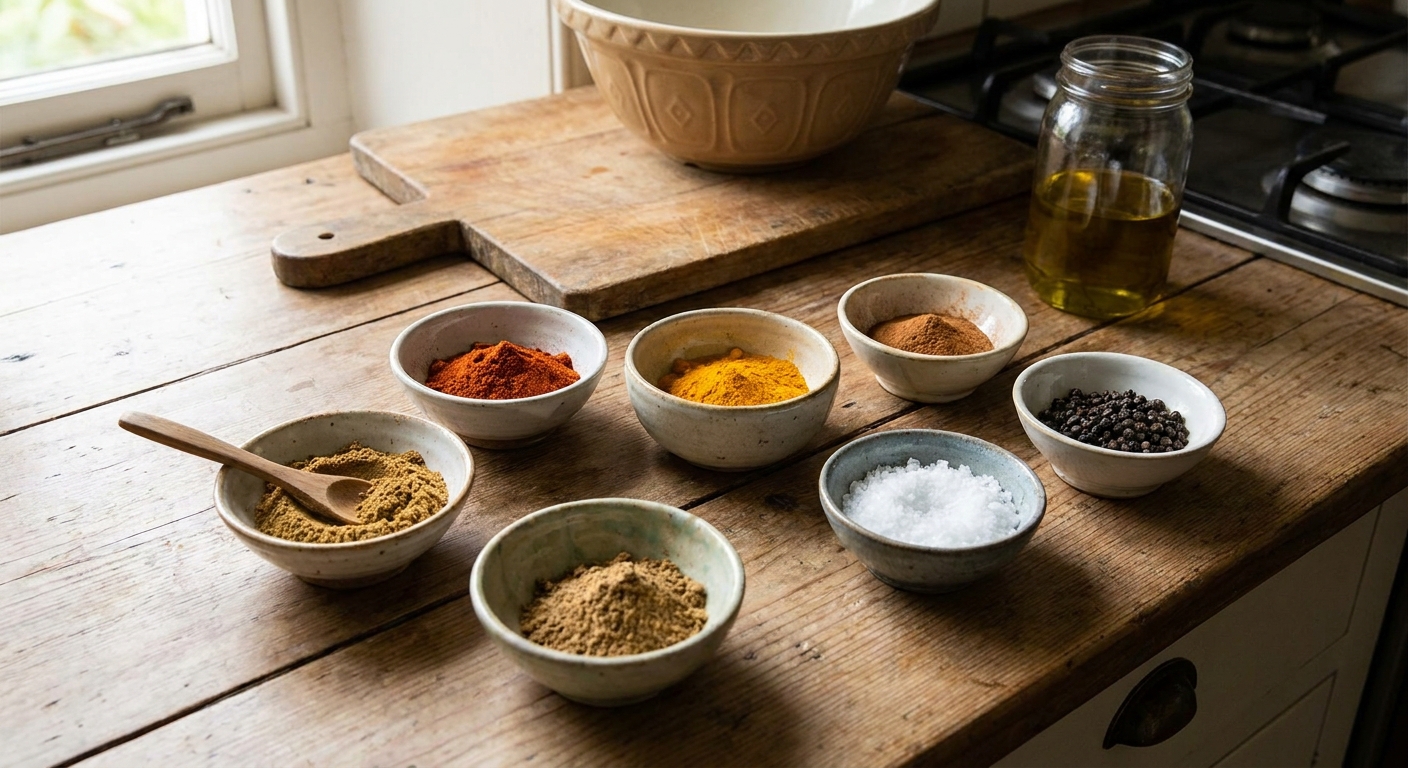 Small ceramic bowls filled with cumin, paprika, coriander, turmeric, cinnamon, salt, and pepper on a kitchen counter, ready to be mixed