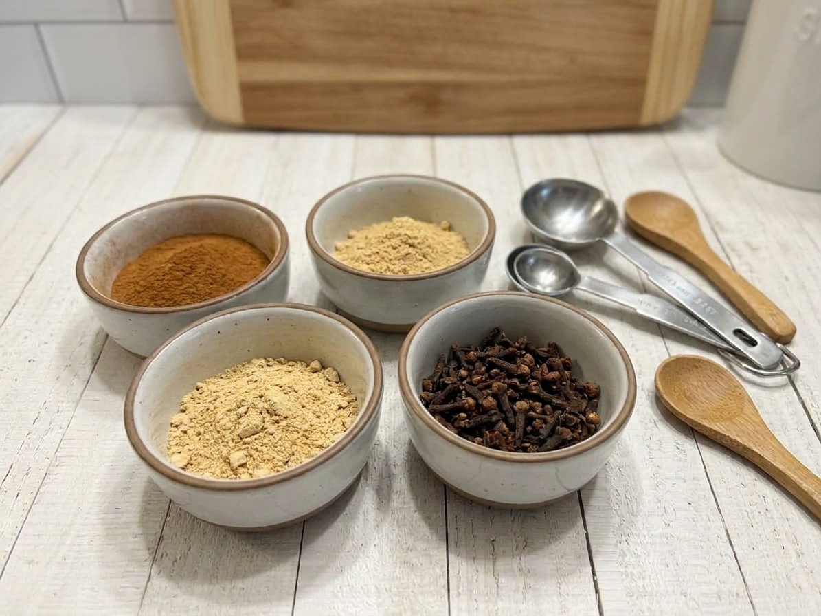 Small ceramic bowls filled with ground cinnamon, ginger, nutmeg, and cloves on a kitchen counter next to measuring spoons
