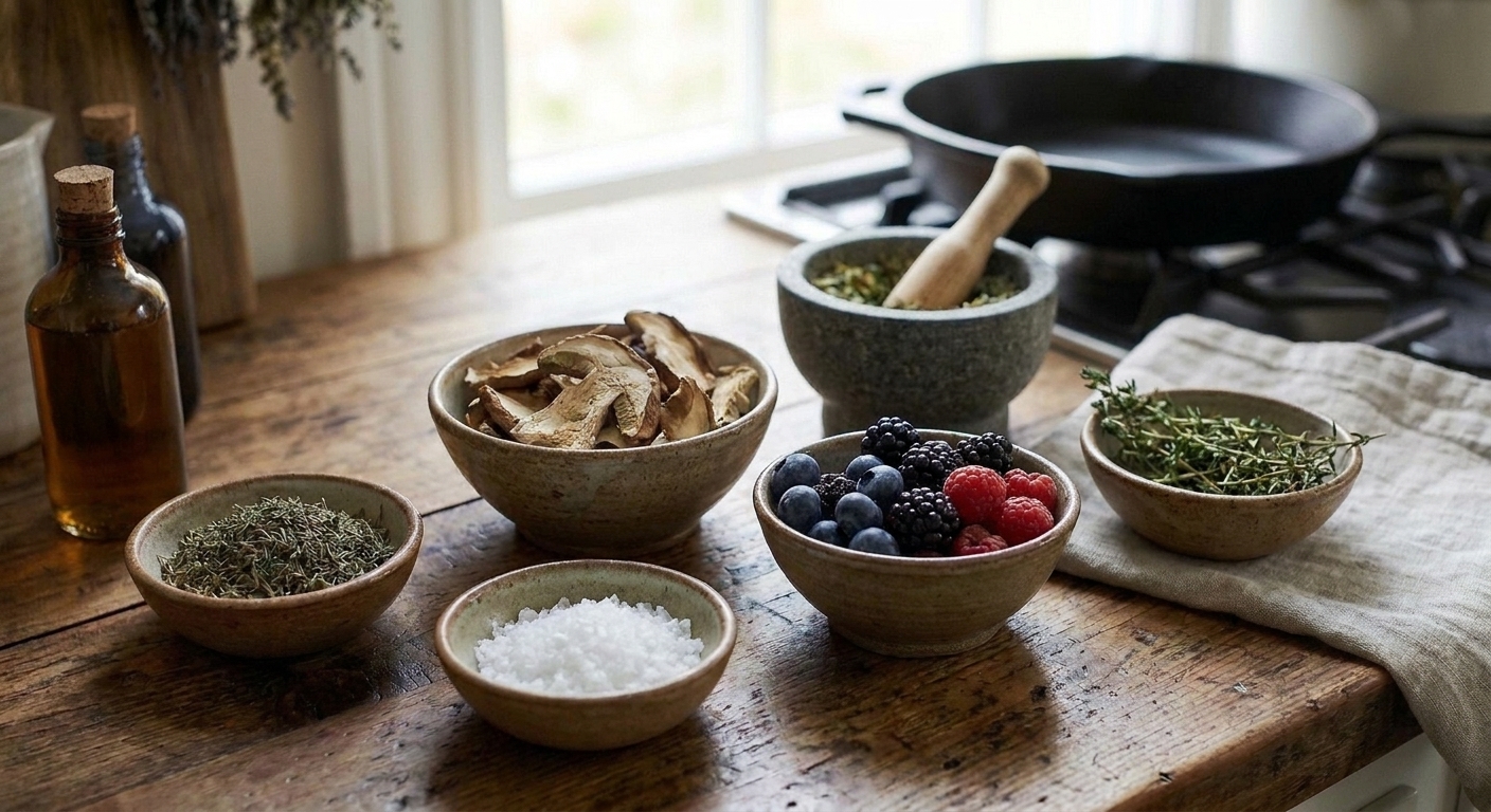 Small ceramic bowls filled with mushrooms, berries, salt, and dried herbs on a wooden counter