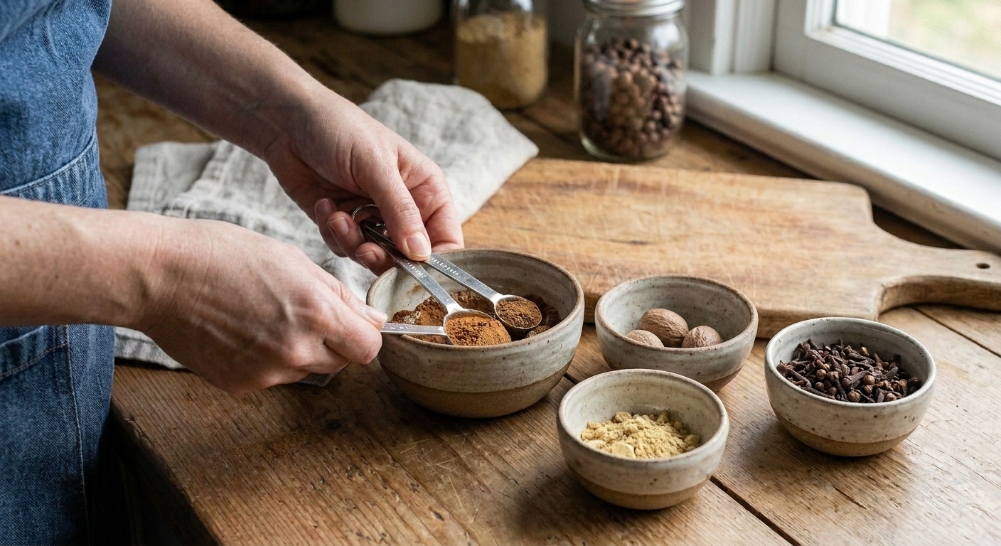 Small ceramic bowls holding ground cinnamon, nutmeg, ginger, allspice, and cloves arranged on a kitchen counter with measuring spoons