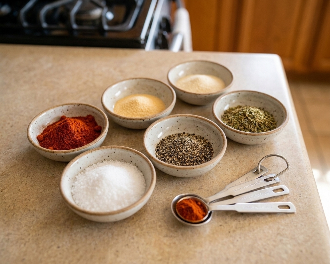 Small ceramic bowls holding paprika, garlic powder, onion powder, salt, black pepper, and dried oregano arranged on a kitchen counter with measuring spoons