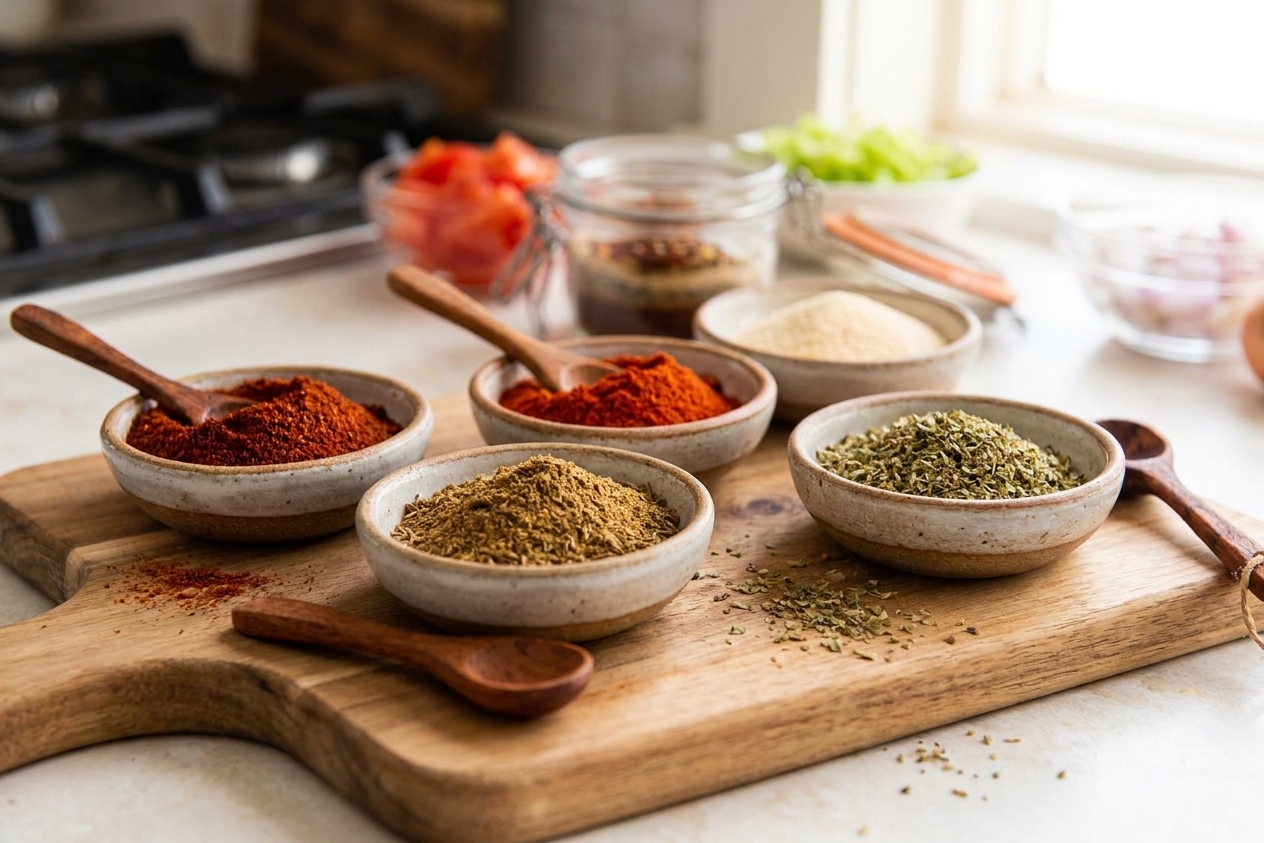 Small ceramic bowls of chili powder, cumin, paprika, garlic powder, and oregano on a kitchen counter