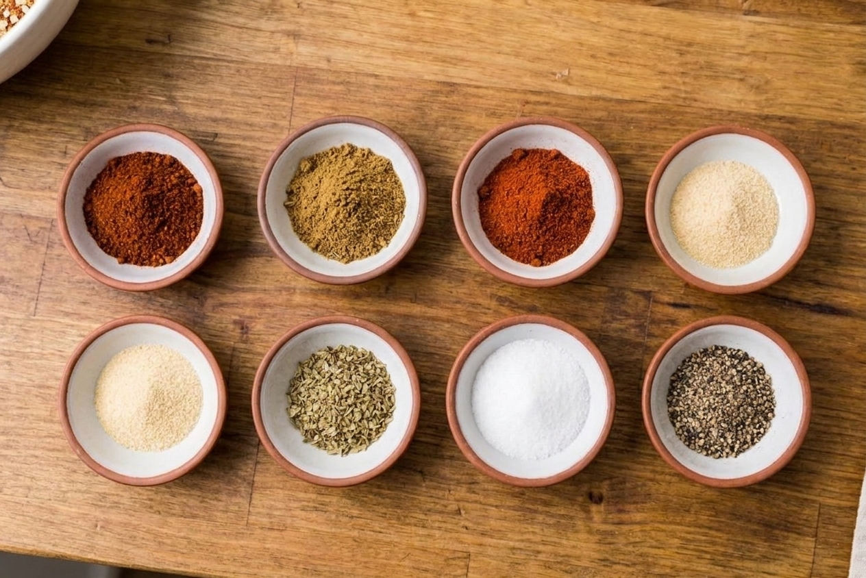 Small ceramic bowls of chili powder, ground cumin, smoked paprika, garlic powder, onion powder, dried oregano, salt, and black pepper arranged on a kitchen counter