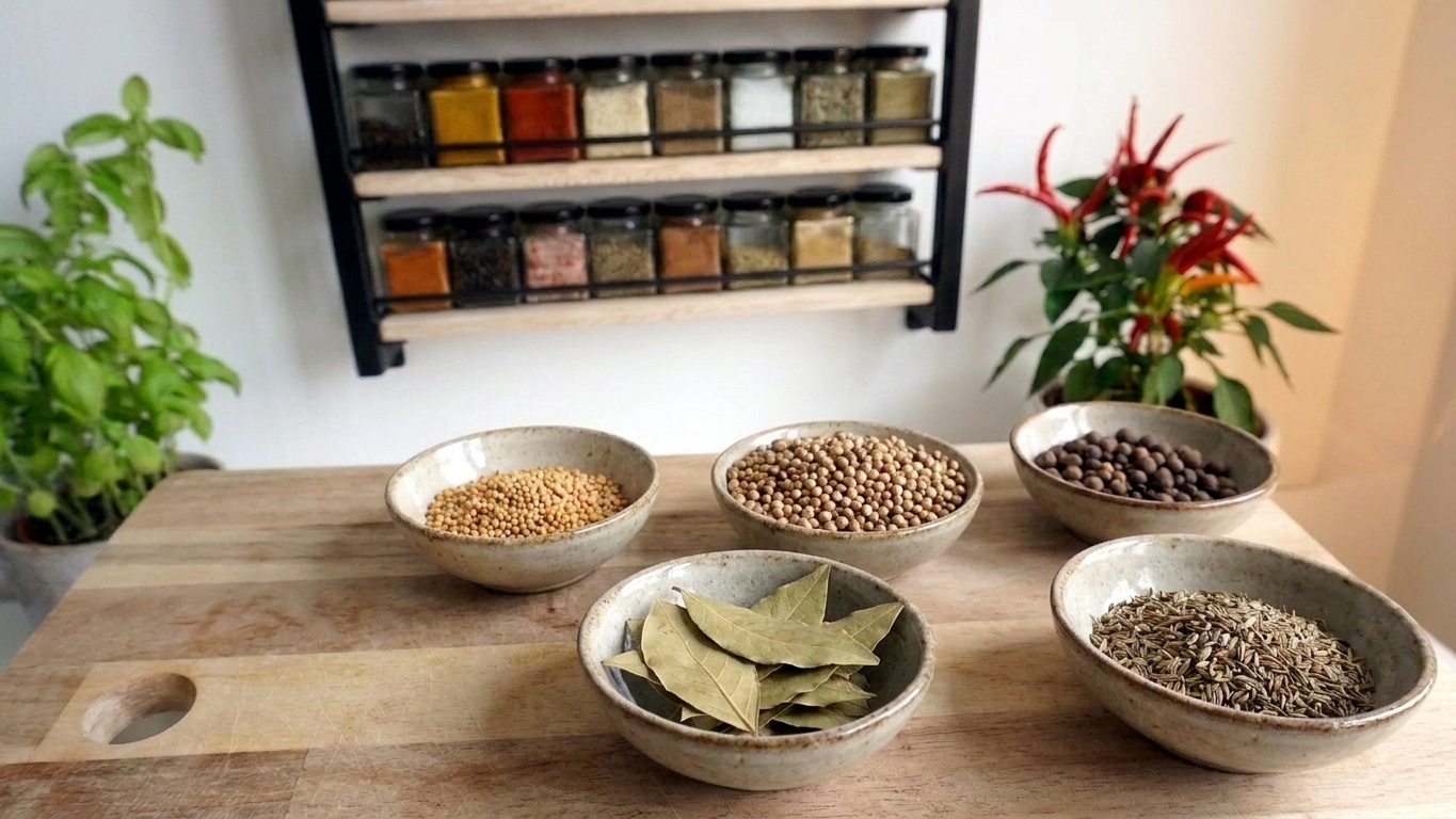 Small ceramic bowls of whole spices like mustard seed, coriander, peppercorns, bay leaves, and dill seed arranged on a wooden cutting board