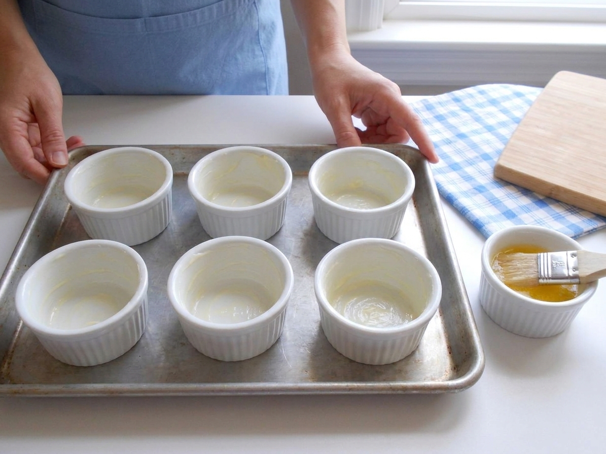 Small ceramic ramekins lightly greased and arranged on a sheet pan on a kitchen counter, ready for filling