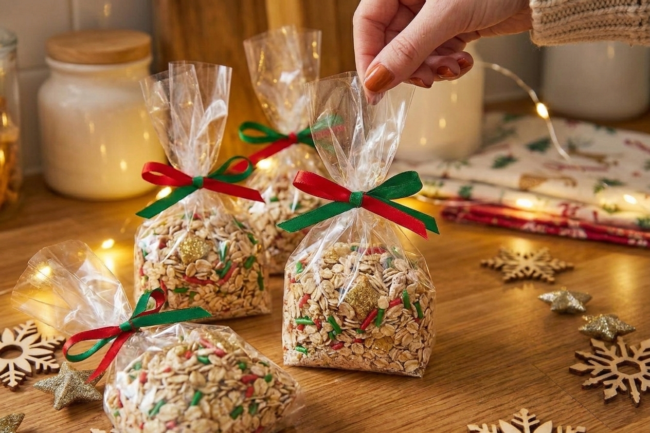 Small clear treat bags filled with reindeer food tied with simple ribbon on a kitchen counter