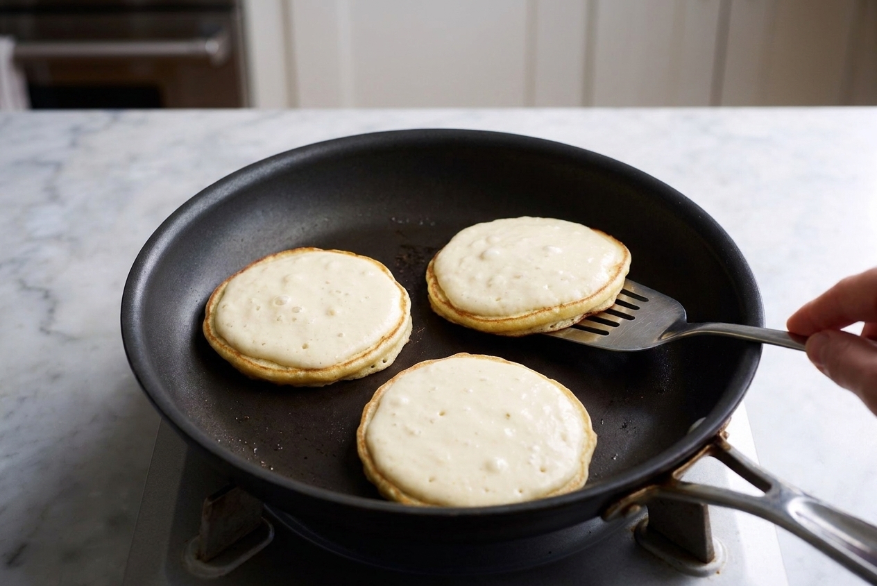Small coconut flour pancakes cooking in a nonstick skillet with lightly set edges and a matte surface on top