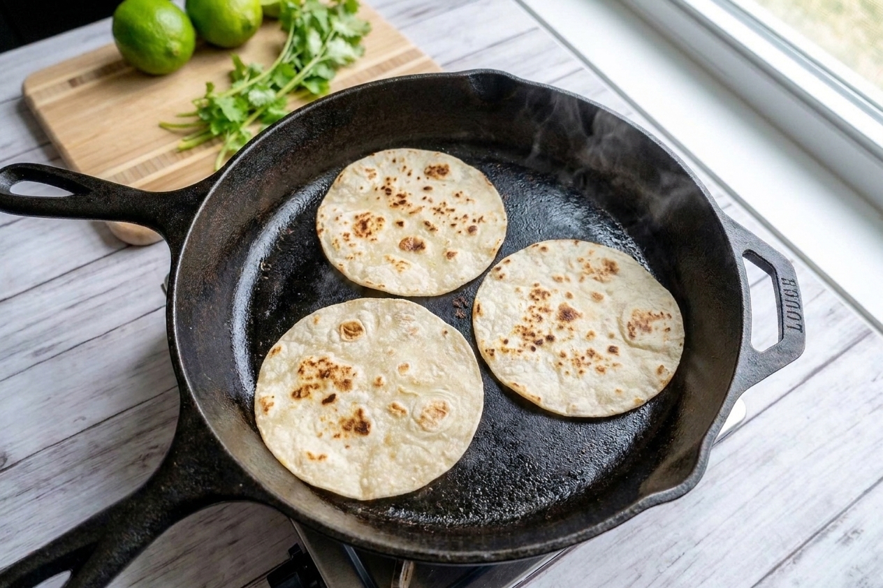 Small corn tortillas warming in a dry skillet on a stovetop with light browning spots