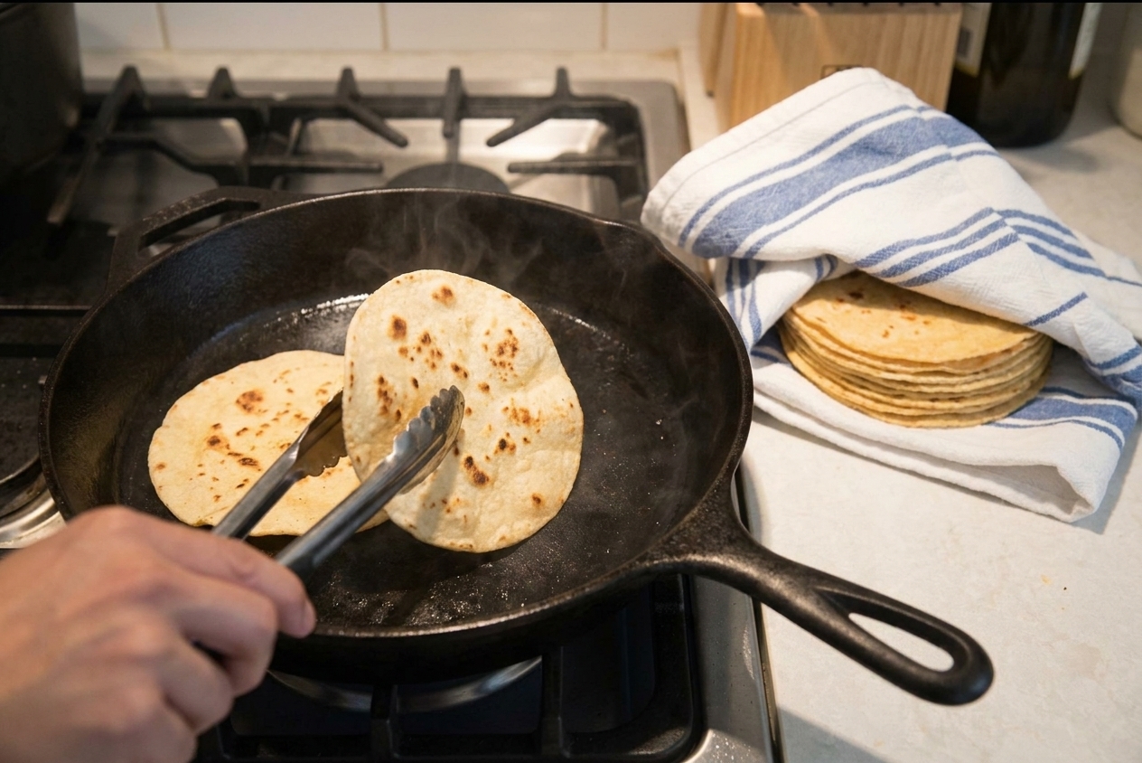 Small corn tortillas warming in a skillet with light golden spots, stacked in a clean kitchen towel nearby