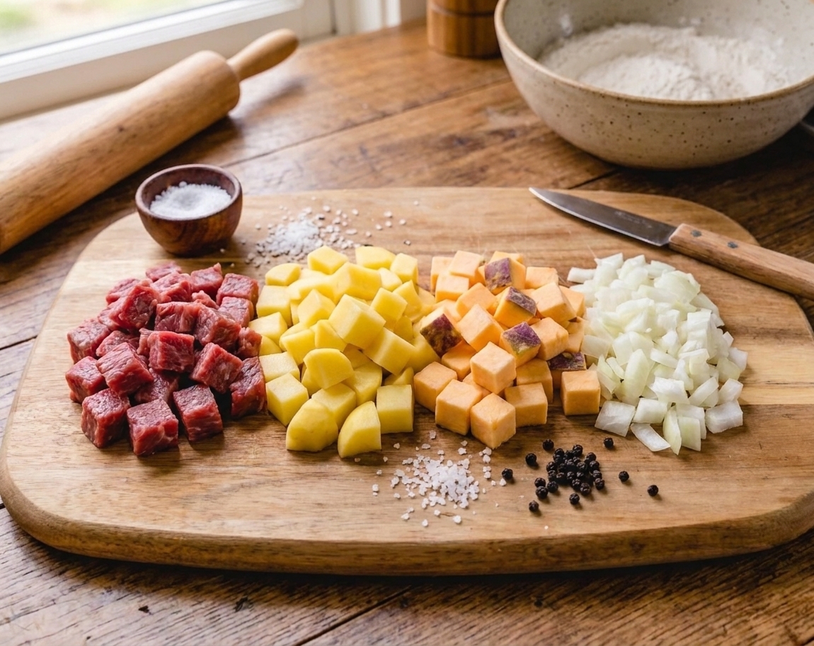 Small cubes of beef, potato, rutabaga, and onion in separate piles on a cutting board, ready to mix for Cornish pasties