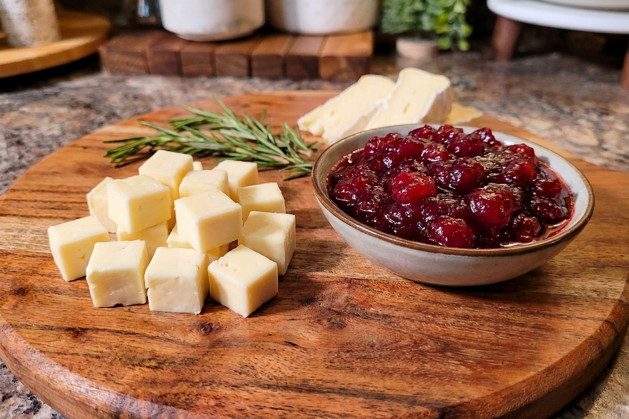 Small cubes of brie on a cutting board next to a bowl of whole-berry cranberry sauce, ready for assembling bites