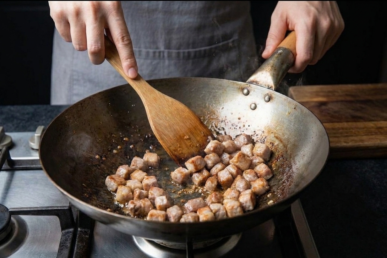 Small cubes of pork browning in a skillet as they are stirred with a wooden spoon