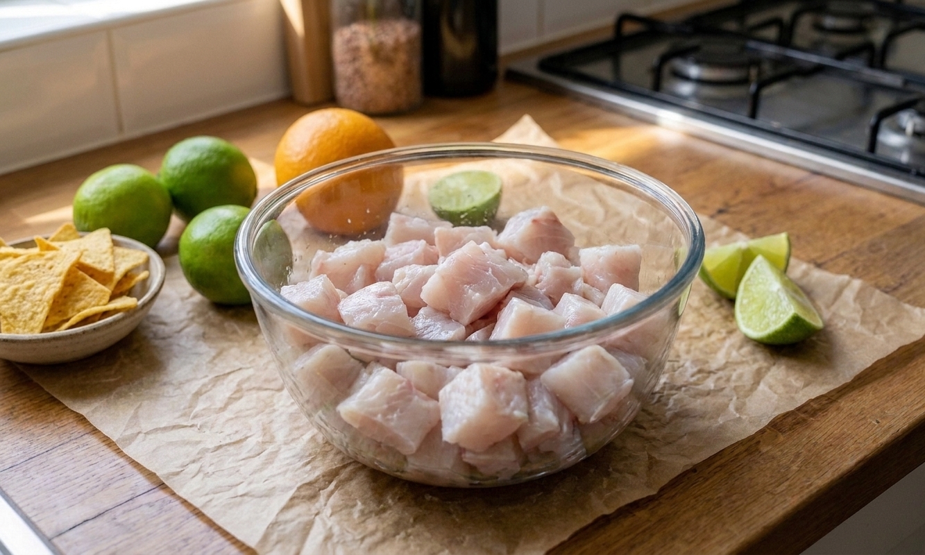 Small cubes of raw sea bass in a glass mixing bowl on a kitchen counter, ready for citrus marinade
