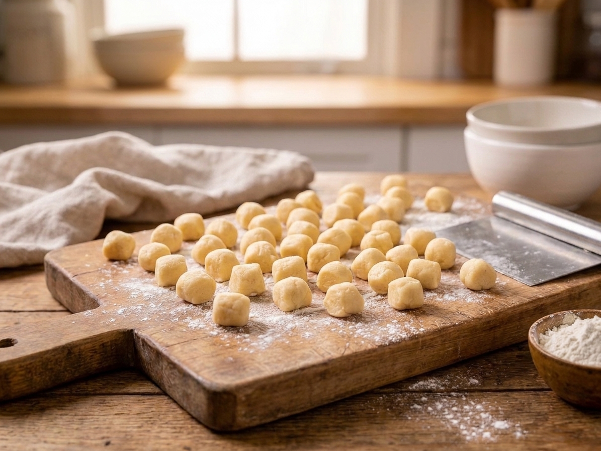 Small cut pieces of struffoli dough scattered on a lightly floured wooden cutting board
