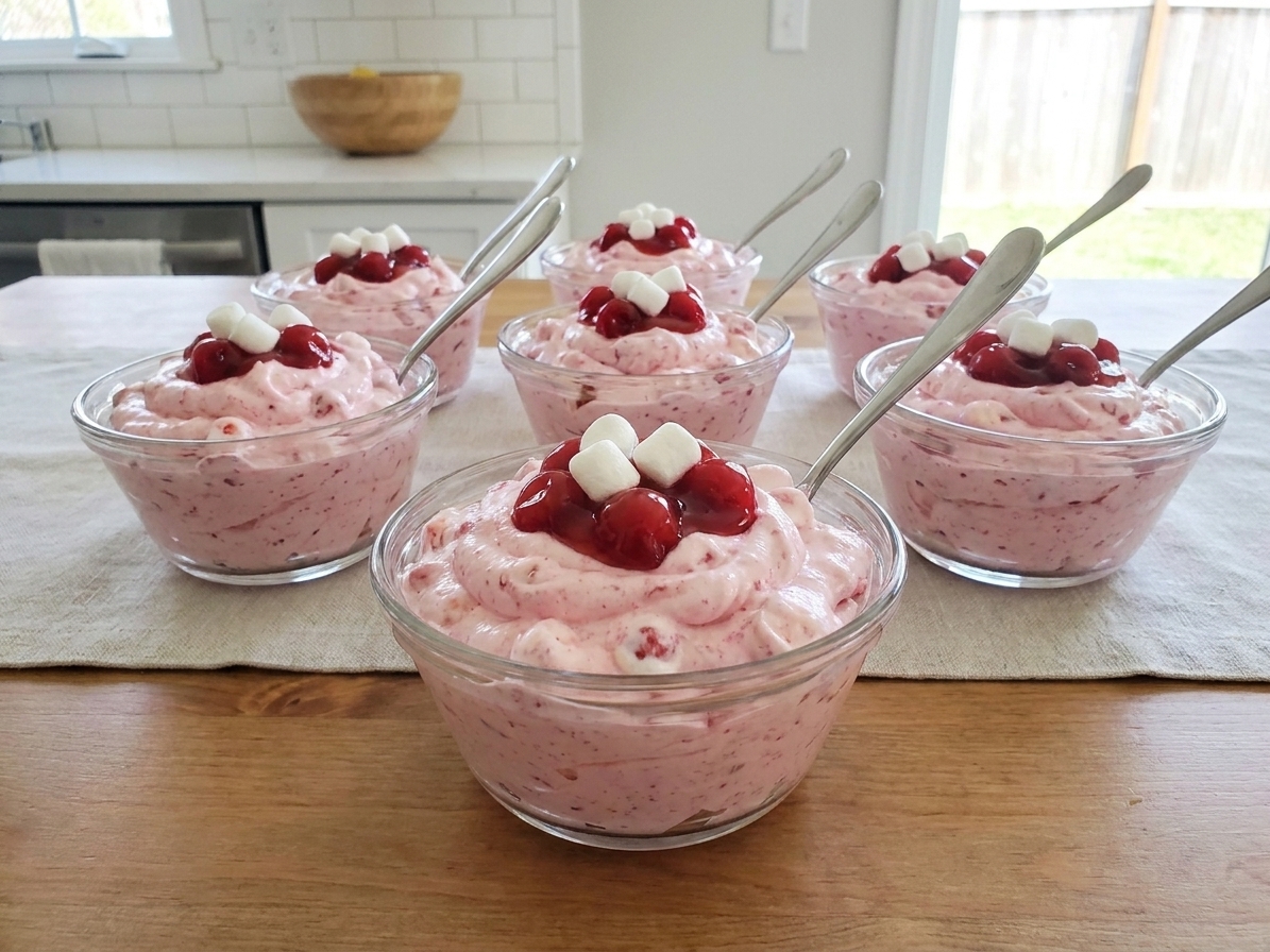 Small dessert bowls filled with cherry fluff, topped with a few mini marshmallows, on a simple table setting