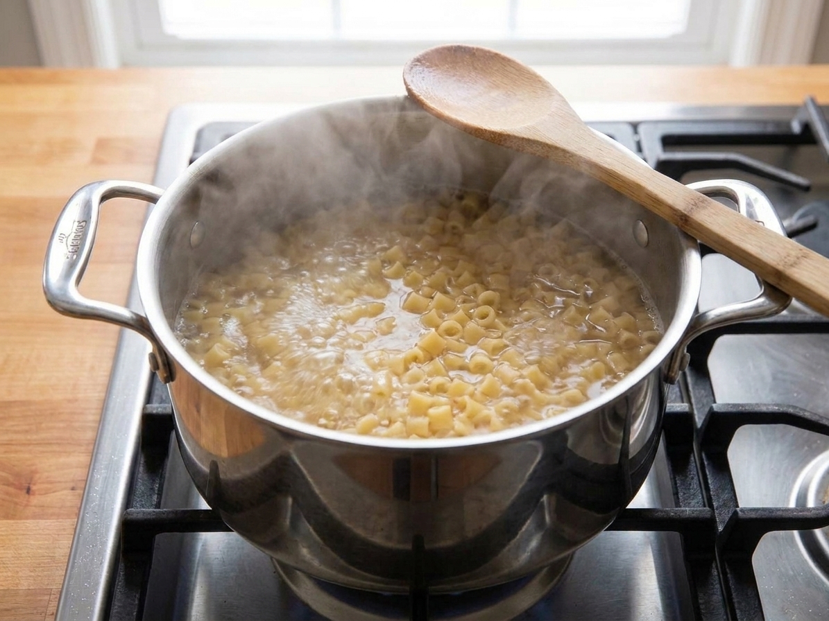 Small ditalini pasta boiling in a saucepan of salted water on a stovetop