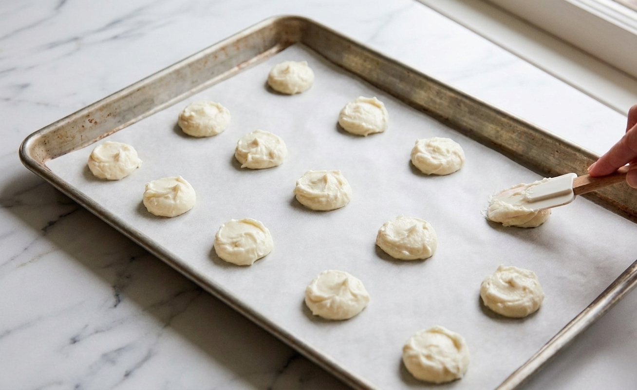 Small dollops of sweetened cream cheese spaced on parchment paper on a tray, ready to be frozen