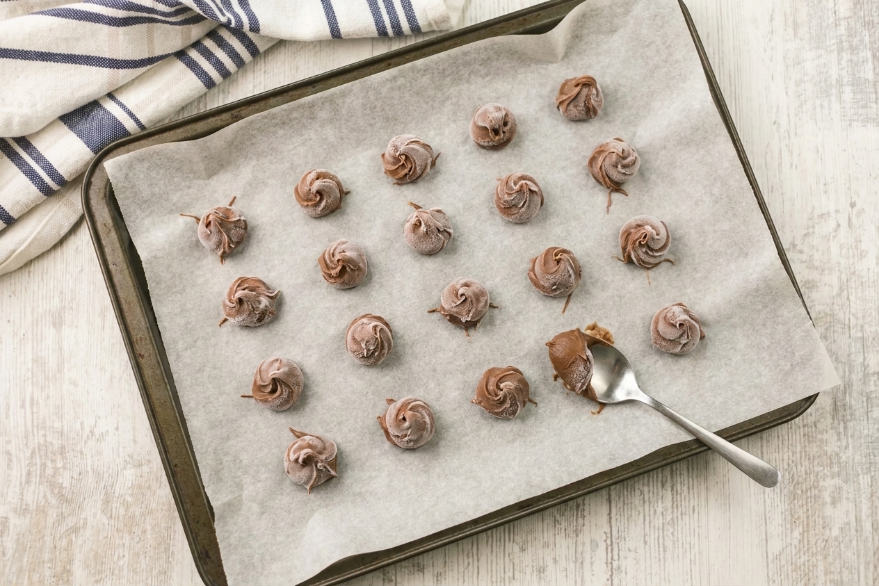 Small frozen Nutella dollops spaced on a parchment lined tray in a home kitchen setting
