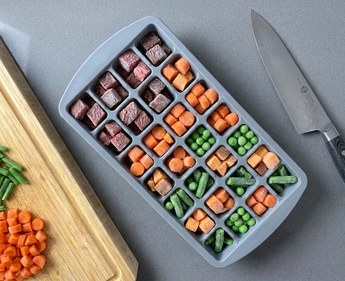 Small frozen cubes of beef and vegetable dog food topper in a silicone tray on a kitchen counter