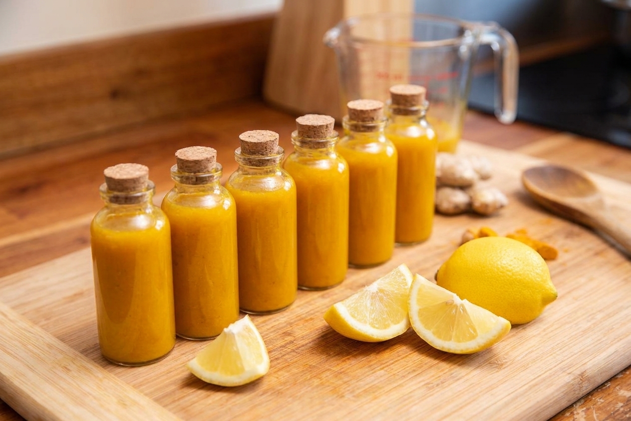 Small glass bottles filled with golden immunity shots lined up on a kitchen counter with a few lemon wedges nearby