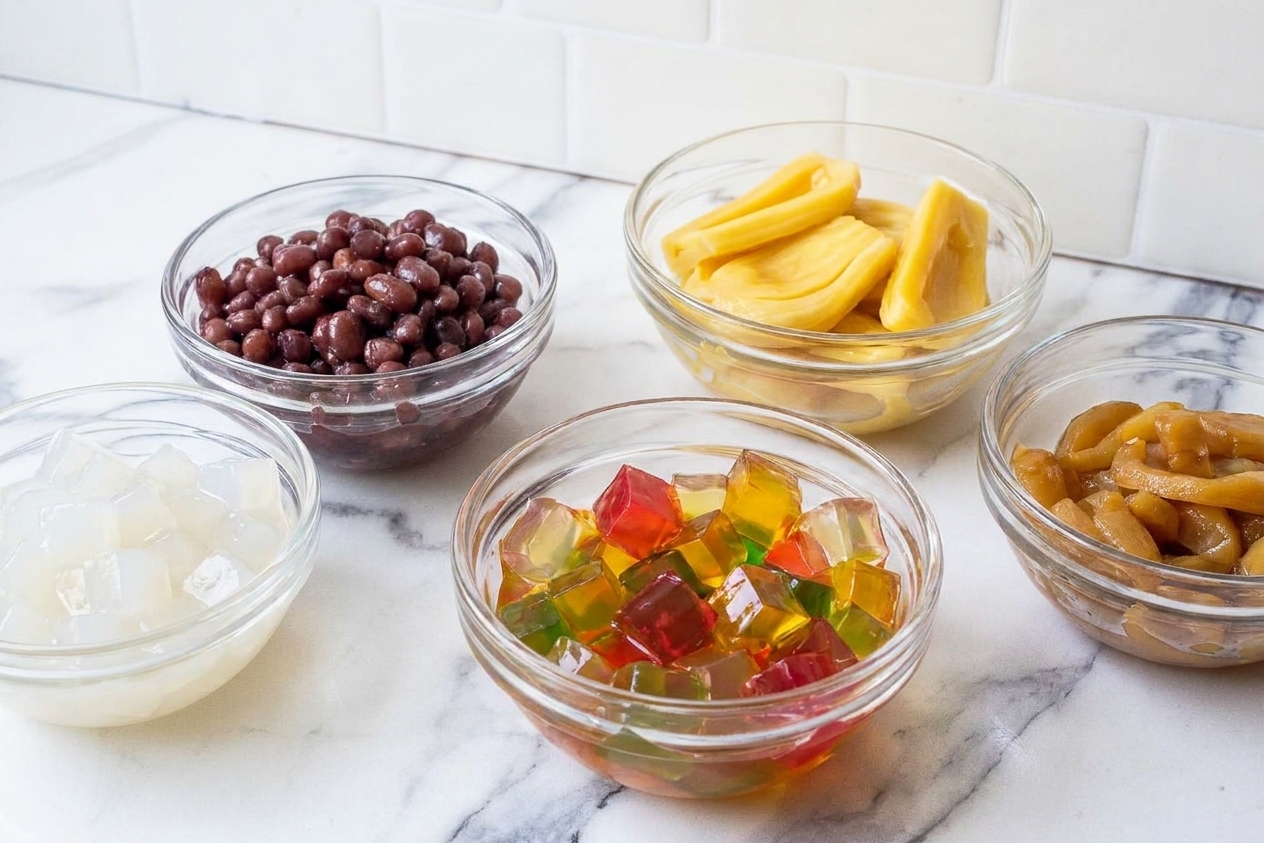 Small glass bowls filled with sweetened red beans, sliced jackfruit, nata de coco, and colorful jelly cubes arranged on a kitchen counter