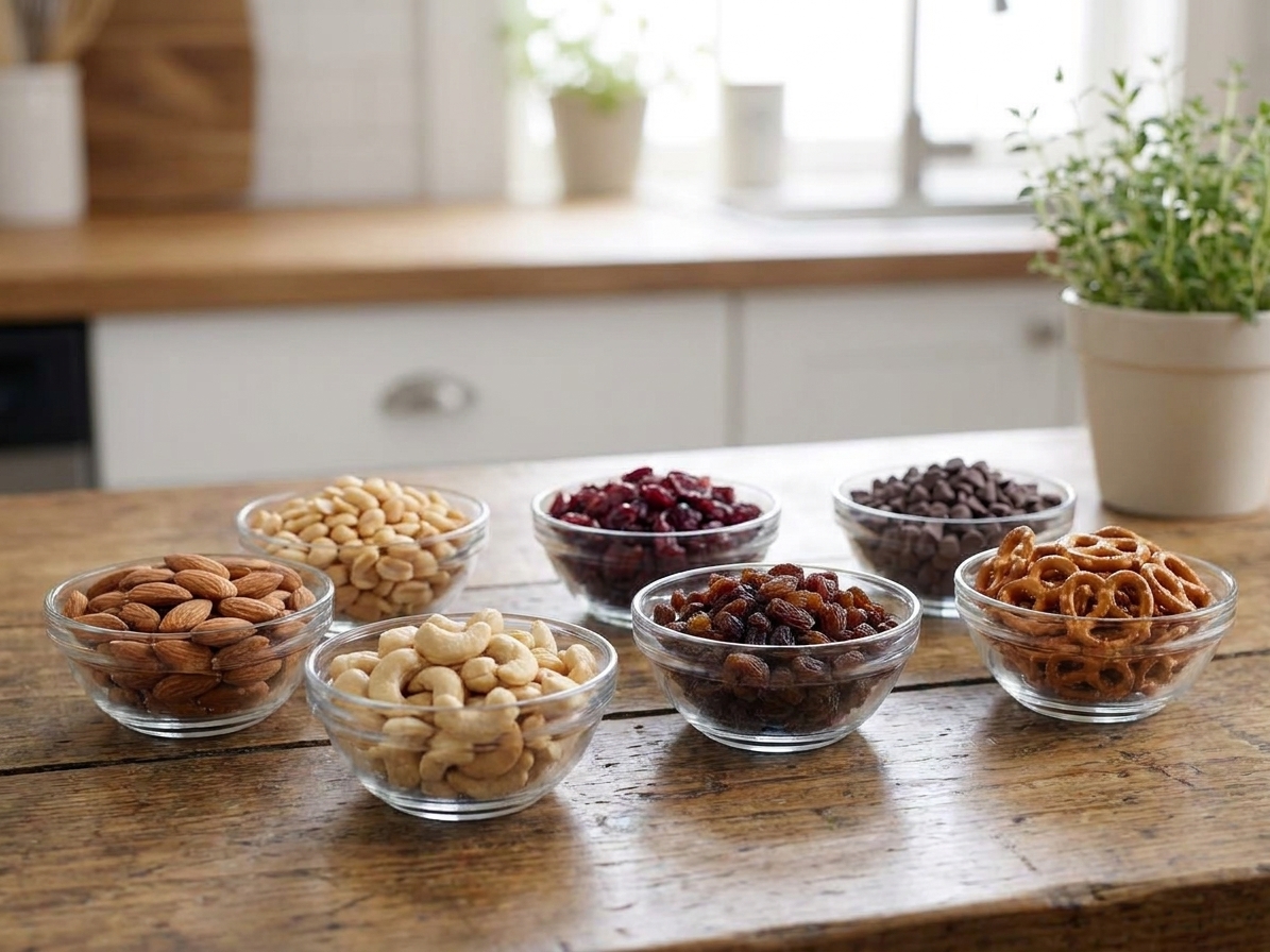 Small glass bowls of almonds, cashews, peanuts, dried cranberries, raisins, chocolate chips, and pretzel twists arranged on a bright kitchen counter