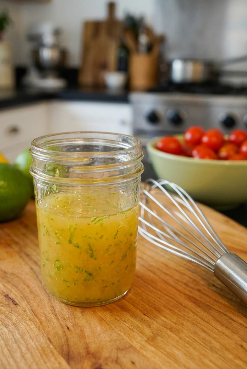 Small glass jar of honey lime dressing with visible citrus zest and a whisk resting next to it on a countertop